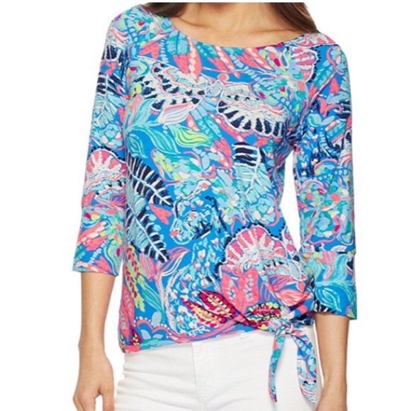 Good Used Lilly pulitzer Robyn 3/4 Sleeve Top in Fantasy Garden Print Size Large - Picture 1 of 8